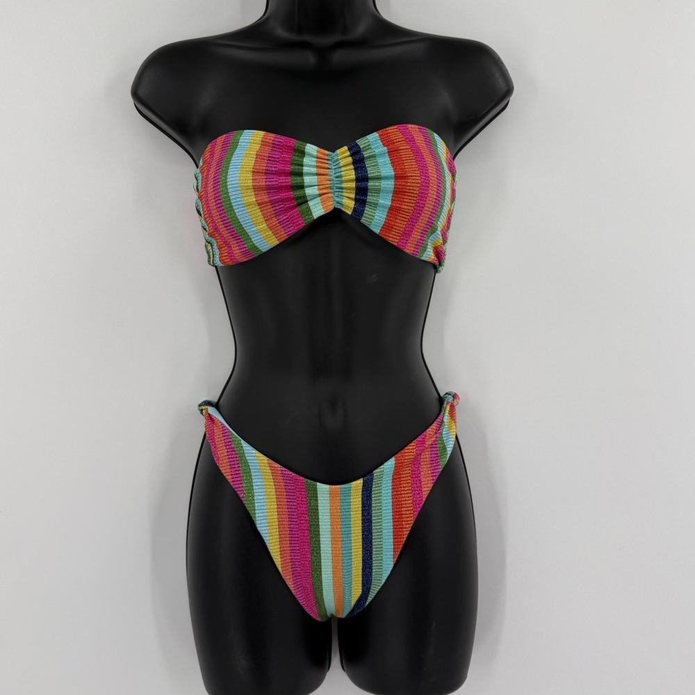 Skatie Cher Bandeau Top & Suzanne Bottom in Metallic Rainbow Stripe | Medium - Picture 2 of 7